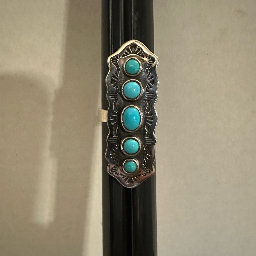 7.5 - 8 Silver-Tone Turquoise Panel Statement Ring